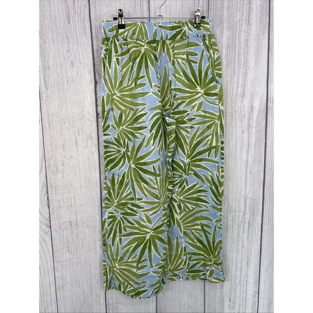 Sigrid Olsen Linen Pants Womens SMALL Green Blue Tropical Palm Wide Leg Palazzo